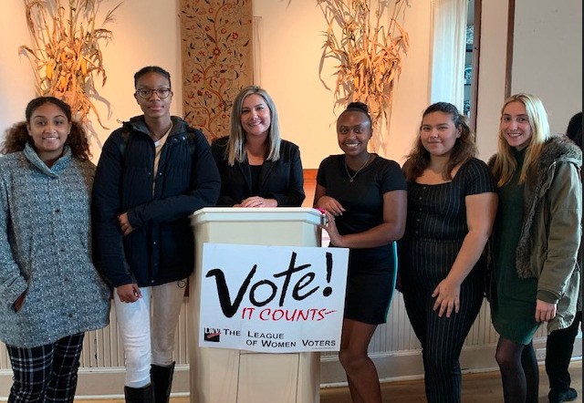 Bridgehampton School students, from left, Alanah Johnson, Gylia Dryden, guidance counselor Danielle Doscher, students Jaden Campbell, Melissa Villa and Olivia Cassone recently attended the League of Women Voters 