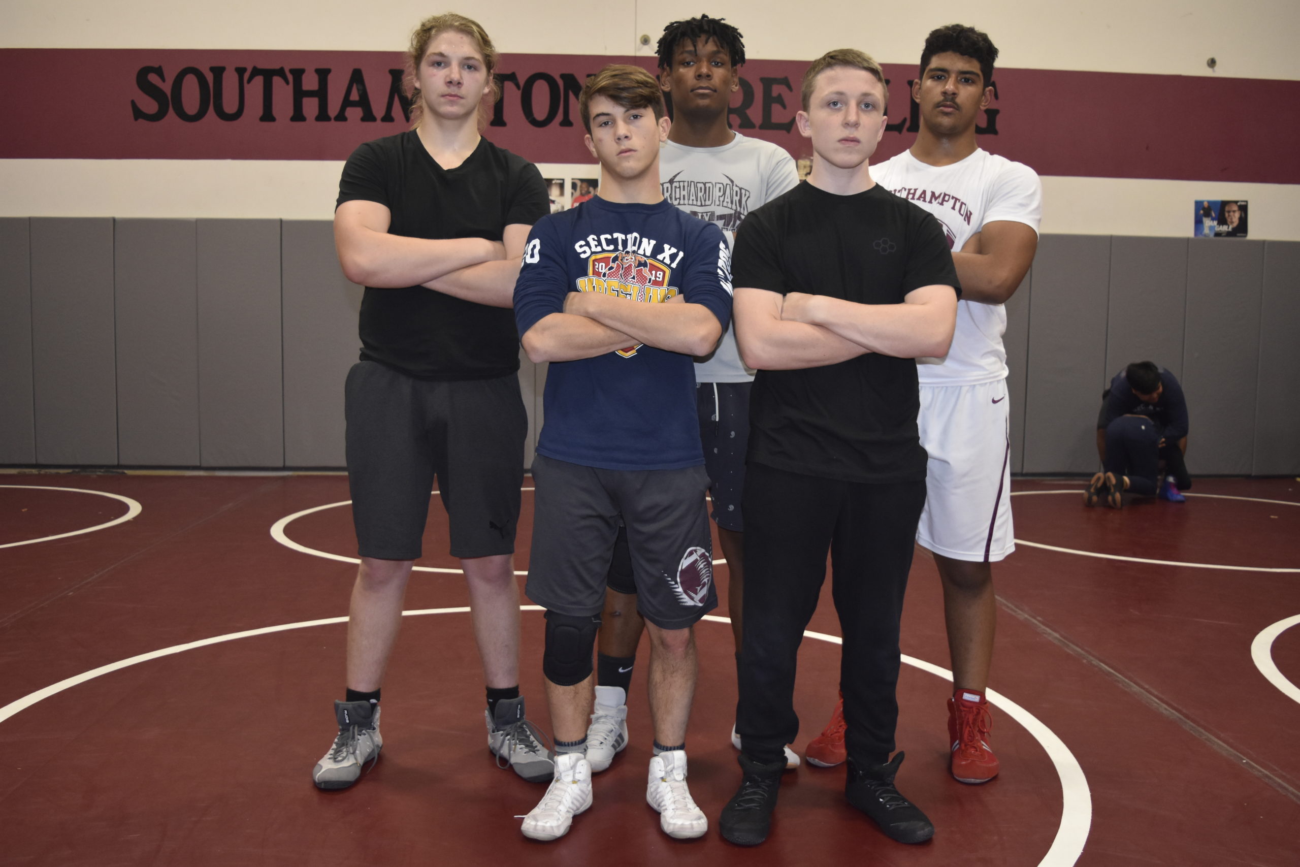 Key returning wrestlers for the Mariners this season include, from top left, Bradley Bockhaus, Ben Brown, Zayden Michel, and from bottom left, Alex Boyd and Riley Lenahan.