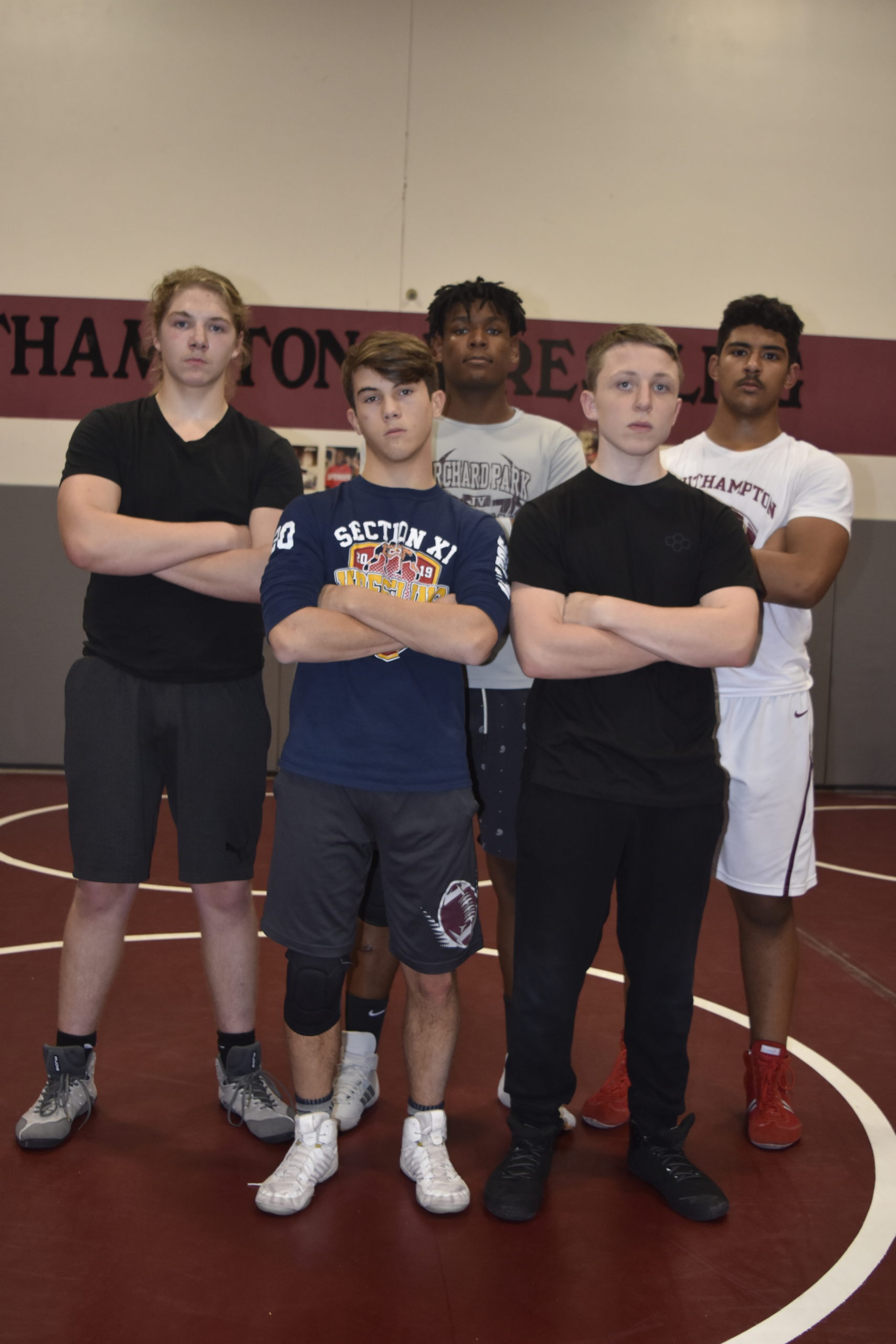 Key returning wrestlers for the Mariners this season include, from top left, Bradley Bockhaus, Ben Brown, Zayden Michel, and from bottom left, Alex Boyd and Riley Lenahan.