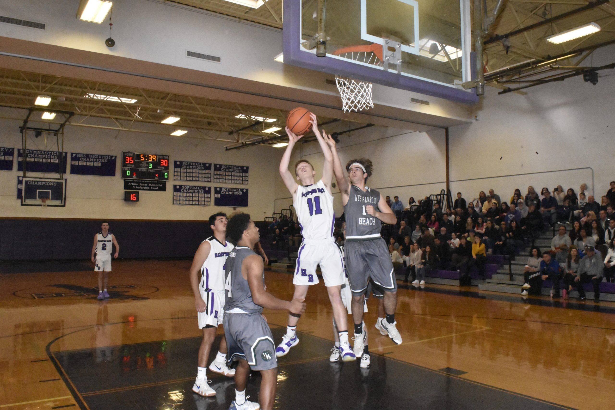 Hampton Bays senior Lucas Brown grabbed 10 rebounds before fouling out in overtime.
