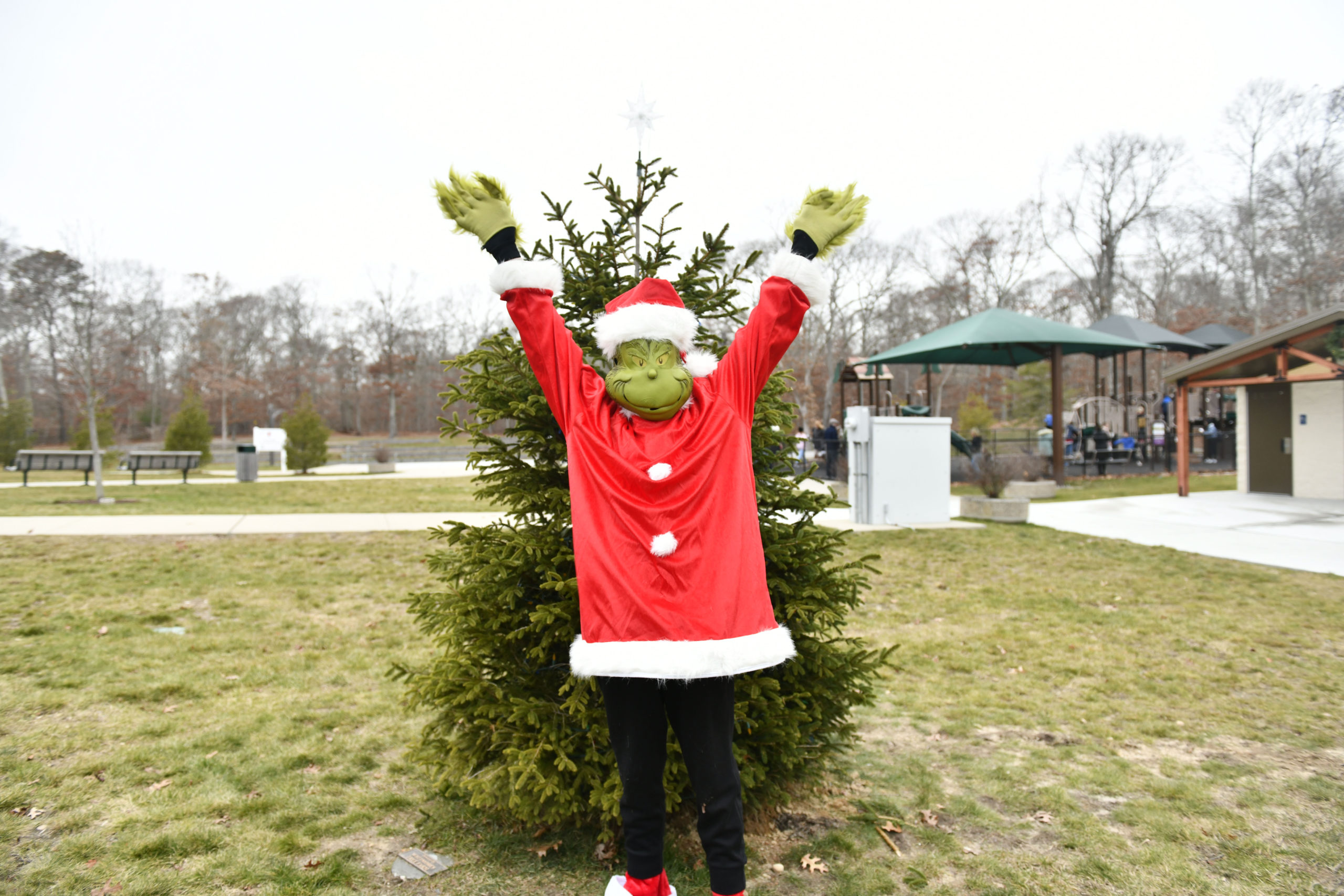 Festivities were cut short due to the rain but that didn't stop the Grinch, the Dickens Carolers and visitors from singing a quick carol and lighting the tree at Good Ground park in Hampton Bays on Friday.  DANA SHAW