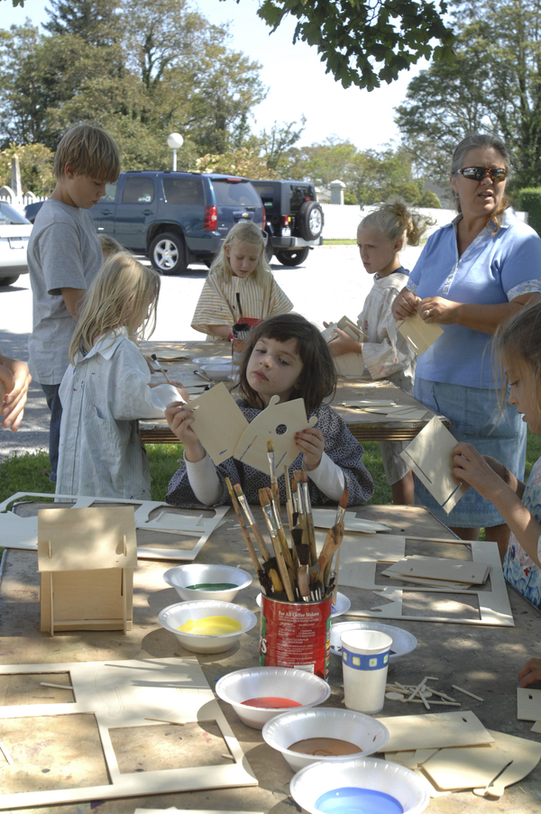 Making  birdhouses at the Bridgehampton Historical Society's Colonial Camp on Thrusday at the Presbyterian Chuch of Bridgehampton.