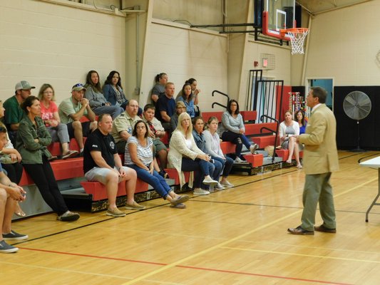 Montauk School Superintendent Jack Perna addresses parents in September of 2018 about new security measures at the school. PRESS FILE