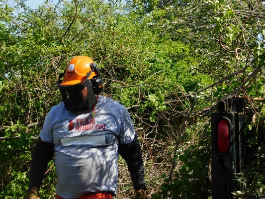  Team Rubicon's New York State Administrator cutting up invasive roots and plants.   ELIZABETH VESPE