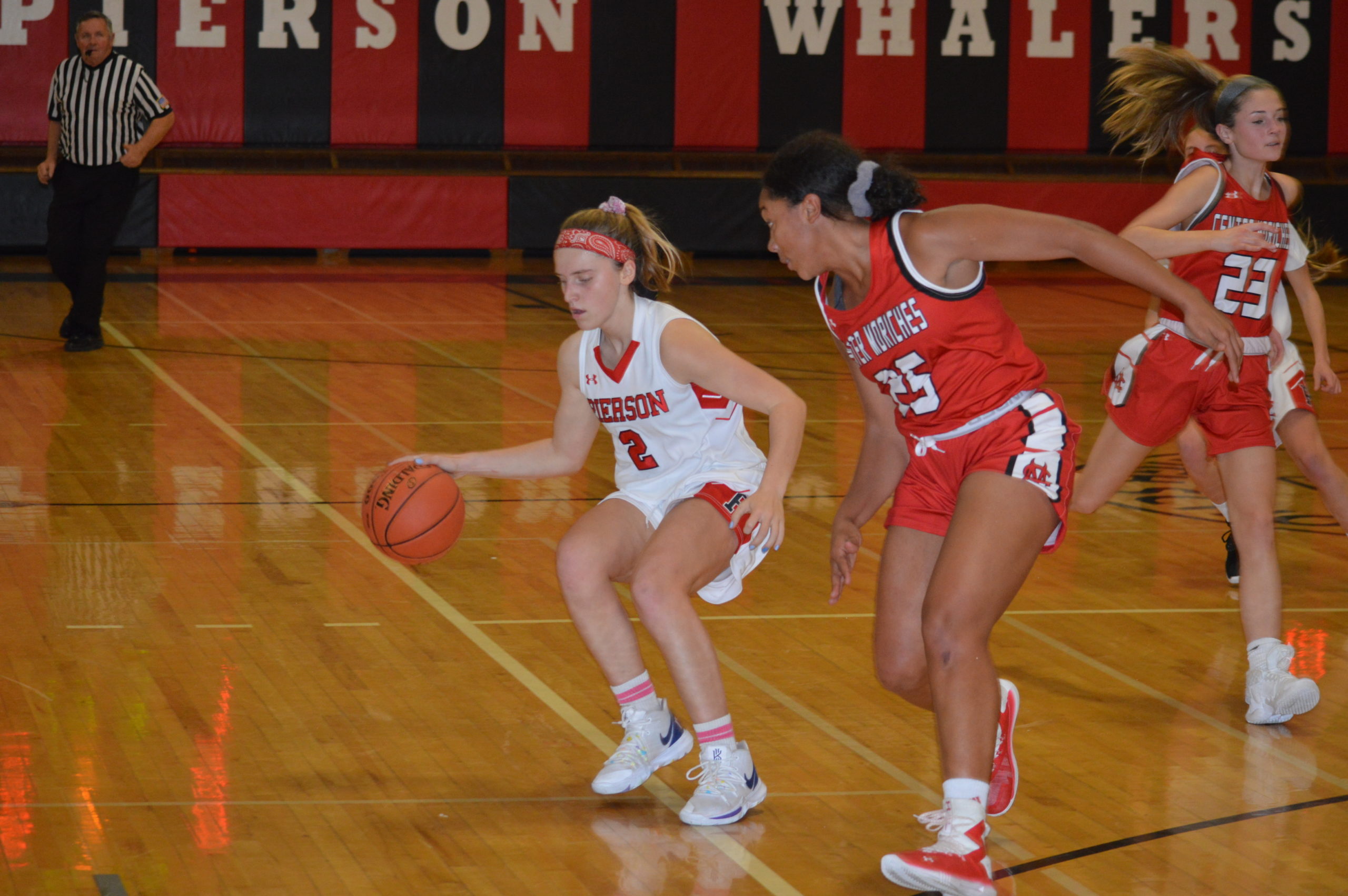 Pierson junior Grace Perello dribbling out of trouble against Center Moriches.