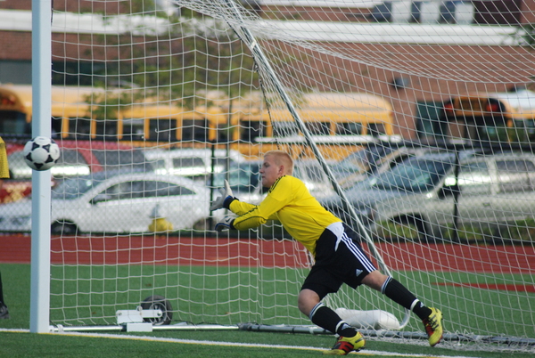 Westhampton Beach goalie Joe Ogeka initially stopped this penalty kick but Mt. Sinai kicked in the rebound after Ogeka went down with an injury. 