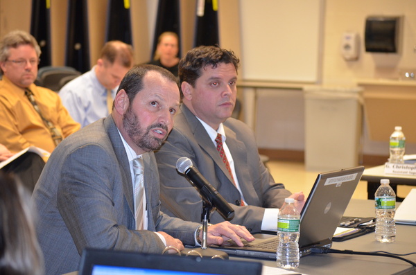 Superintendent of schools Mark Nocero and Eastport South Manor Business Administrator Rich Snyder present part one of the proposed 2012-2013 budget.