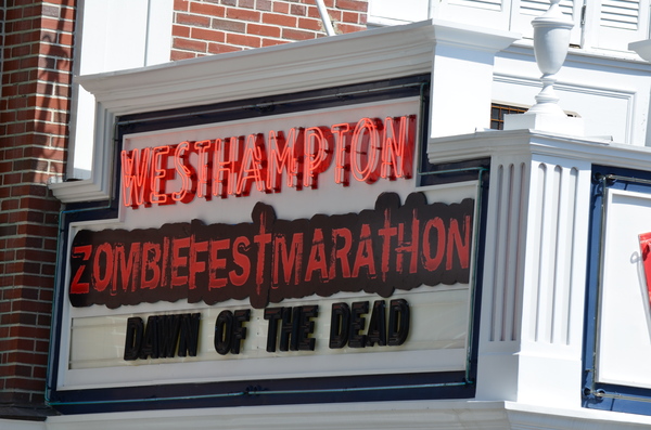 The Westhampton Beach Performing Arts Center was made to look like the location of a zombie marathon for filming of “Royal Pains” on Monday. ERIN MCKINLEY