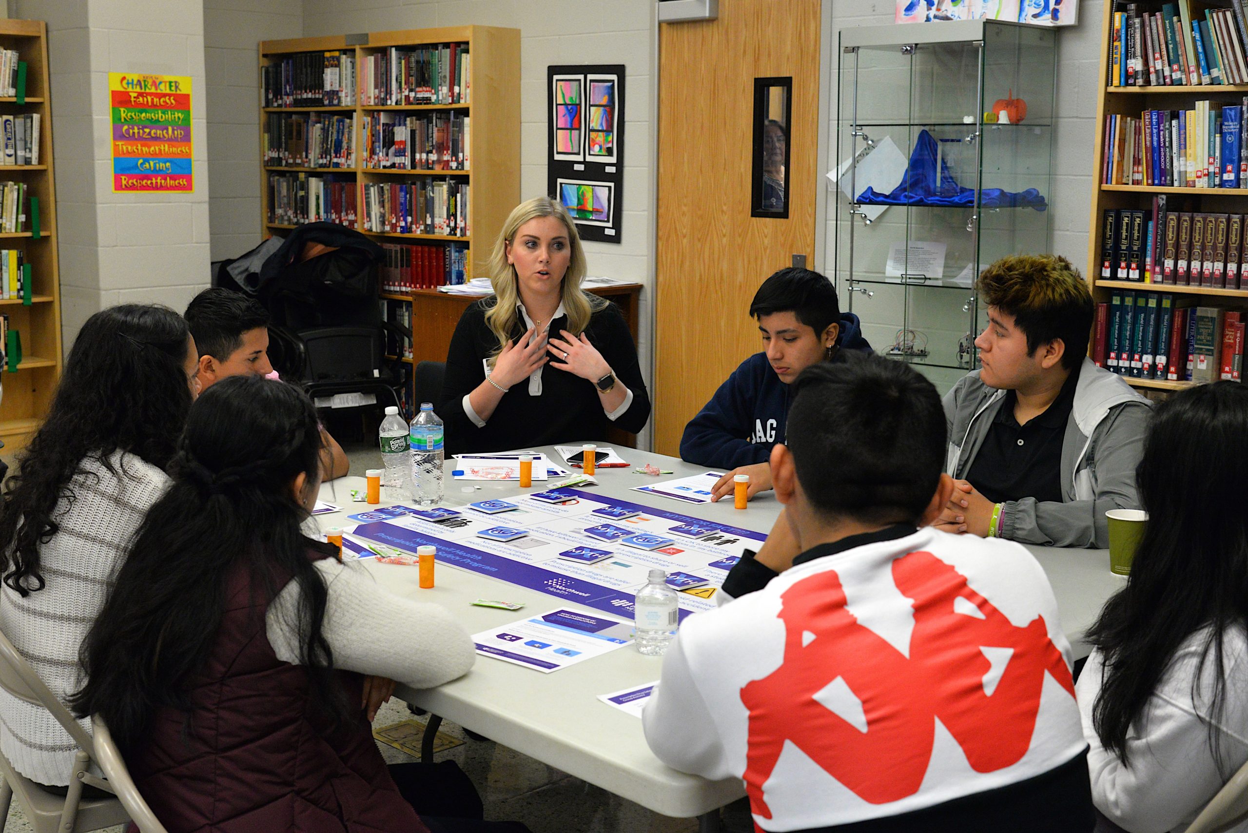 Natalie Wallace of EVERFI leads students in a game about prescription drug 