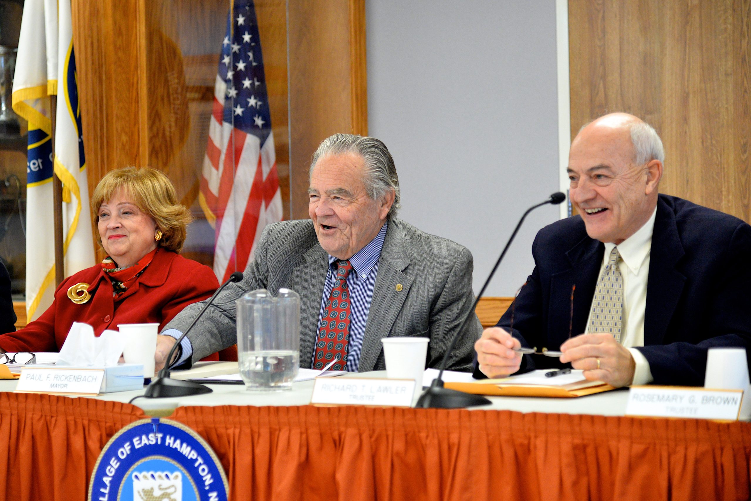 Barbara Borsack, Paul F. Rickenbach Jr. and Richard Lawler at Mayor Rickenbach's last Village Board meeting.   KYRIL BROMLEY