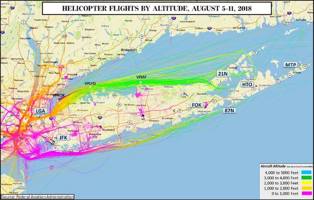 The tracks of helicopters flying between New York City and East Hampton during a single week last summer. Michael Pintauro