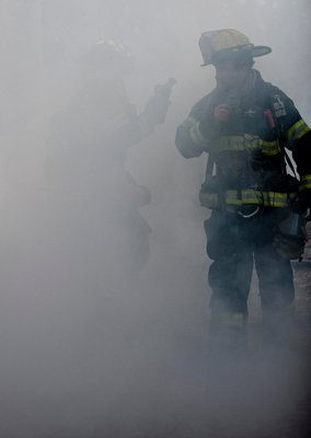 Lt. Jeff Wachenfeld directs a hose team. COURTESY WESTHAMPTON BEACH FIRE DEPARTMENT