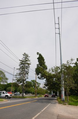 PSEG installed 70-foot-tall metal poles along Eastport Manor Road in Eastport and are now looking at options to bury the lines. GREG WEHNER