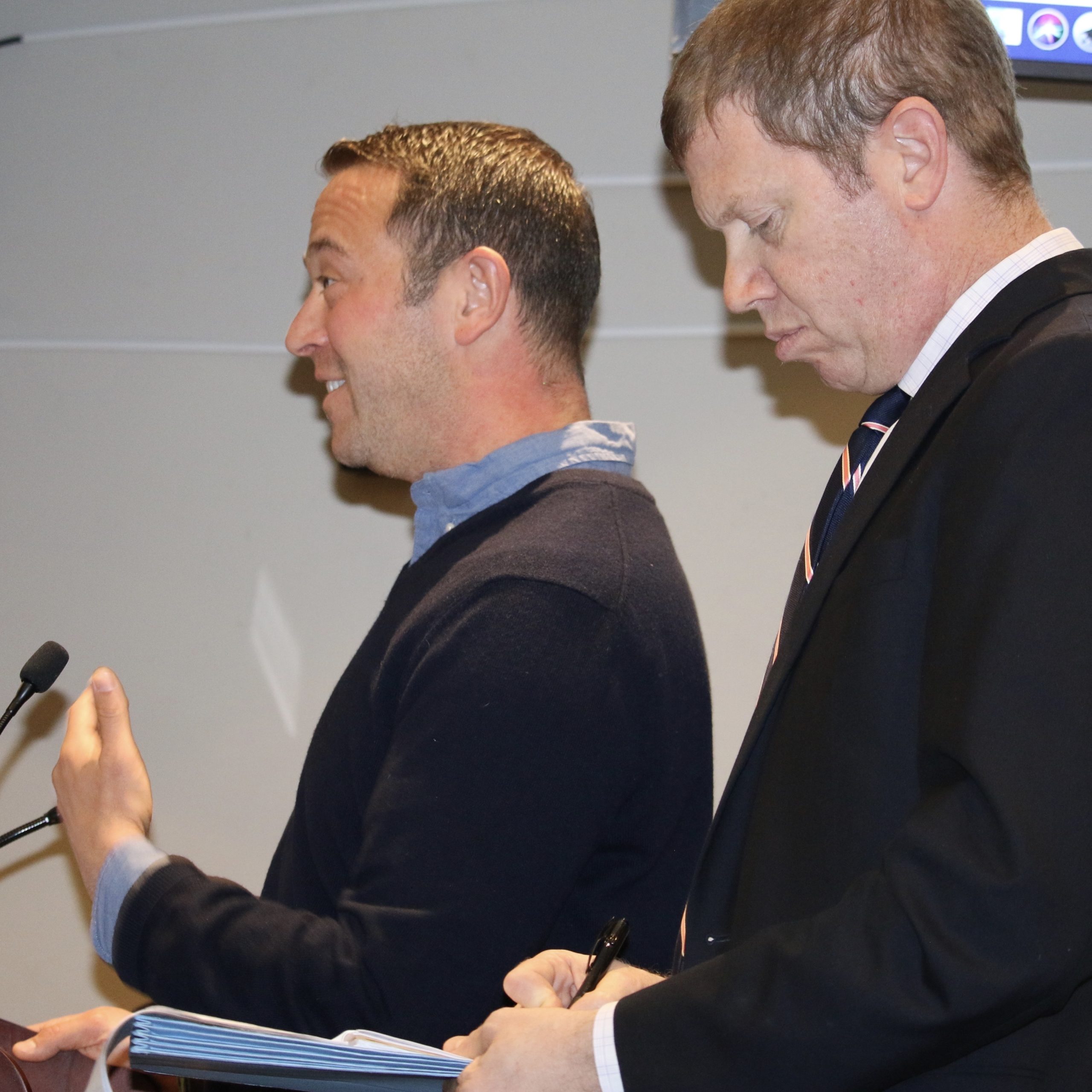 Tal Litvin, left, with his attorney Alex Kriegsman at the December 12 hearing on his 20 Grand Street project before the Historic Preservation and Architectural Review Board. 
