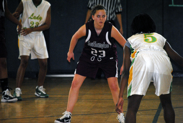 Southampton’s Cassy Guida waits for a Wyandanch player to bring the ball upcourt. 