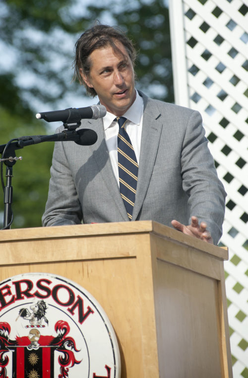 Screenwriter Bill Collage speaking at the 2013 Pierson High School graduation.