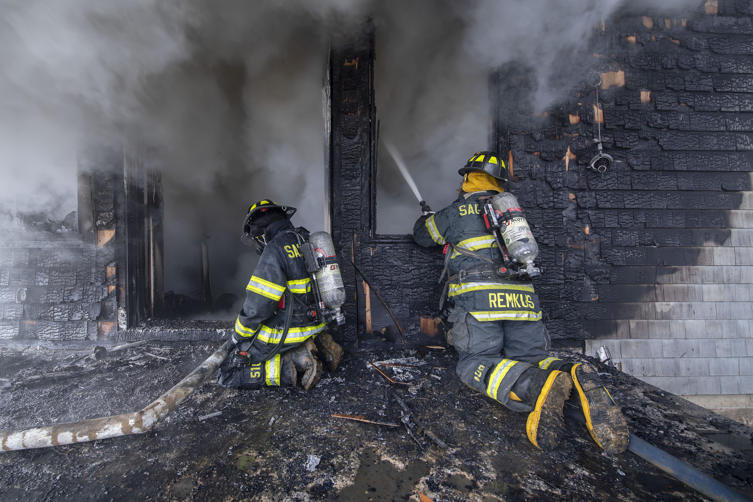 The Bridgehampton Fire Department, with mutual aid from numerous other departments and EMS agencies including the Southampton, Hampton Bays, North Sea, Sag Harbor, East Hampton and Springs Fire Departments, fought a difficult working fire in a 8,000 square-foot residence at9 West Pond Drive in Water Mill on Thursday.     MICHAEL HELLER