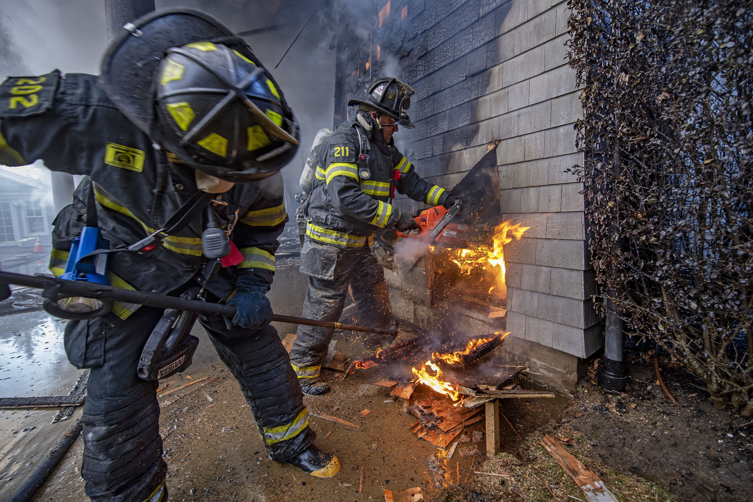 The Bridgehampton Fire Department, with mutual aid from numerous other departments and EMS agencies including the Southampton, Hampton Bays, North Sea, Sag Harbor, East Hampton and Springs Fire Departments, fought a difficult working fire in a 8,000 square-foot residence at9 West Pond Drive in Water Mill on Thursday.     MICHAEL HELLER