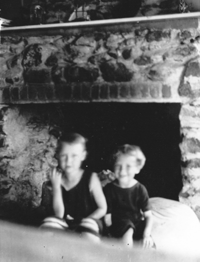 Edwin and Richard Hendrickson in the sheep herder's cottage on Gardiners Island.