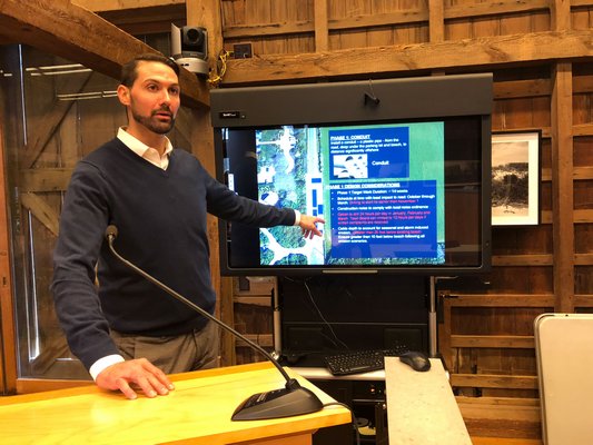 Clint Plummer presents Deepwater's plans at an East Hampton Town Board work session on Tuesday. MICHAEL WRIGHT