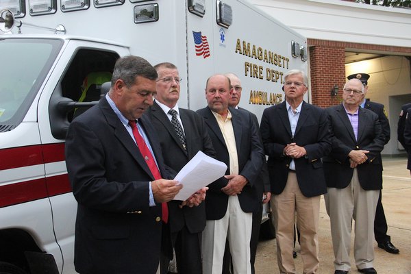 The Amagansett Fire Department held a ceremony on Wednesday dedicating its newest ambulance. KYRIL BROMLEY