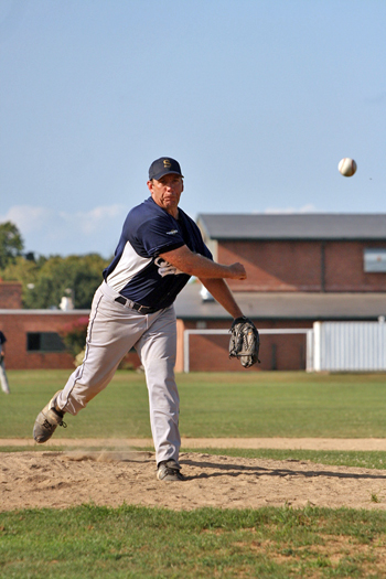 Brewers pitcher and manager Peter Barylski in game two of the Mens Senior Baseball League Finals.<br>Photo by Oliver Peterson