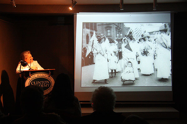 Arlene Hinkemeyer spoke about the women's suffrage movement at the Clinton Academy in East Hampton last Friday. ROHMA ABBAS