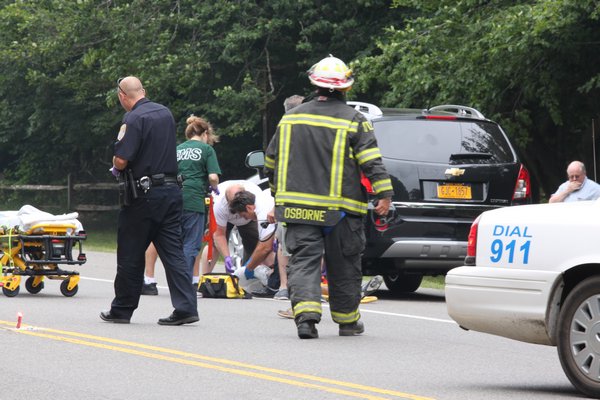 A bicyclist struck by an automobile on Montauk Highway in Quogue at about 1 p.m. on Wednesday had to be airlifted to a local hospital. NEIL SALVAGGIO