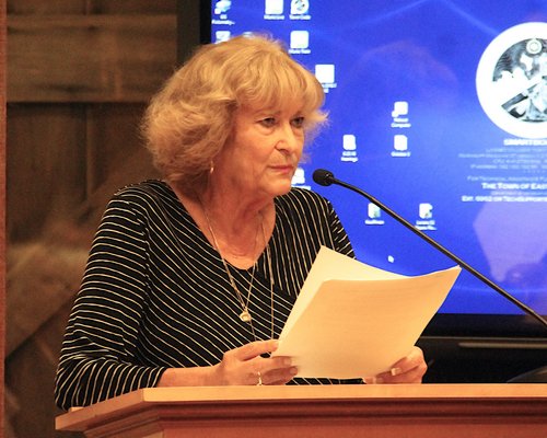 Laraine Creegan of the Montauk Chamber of Commerce asked the Town Board to give businesses more time to consider the proposal parking requirements.  KYRIL BROMLEY
