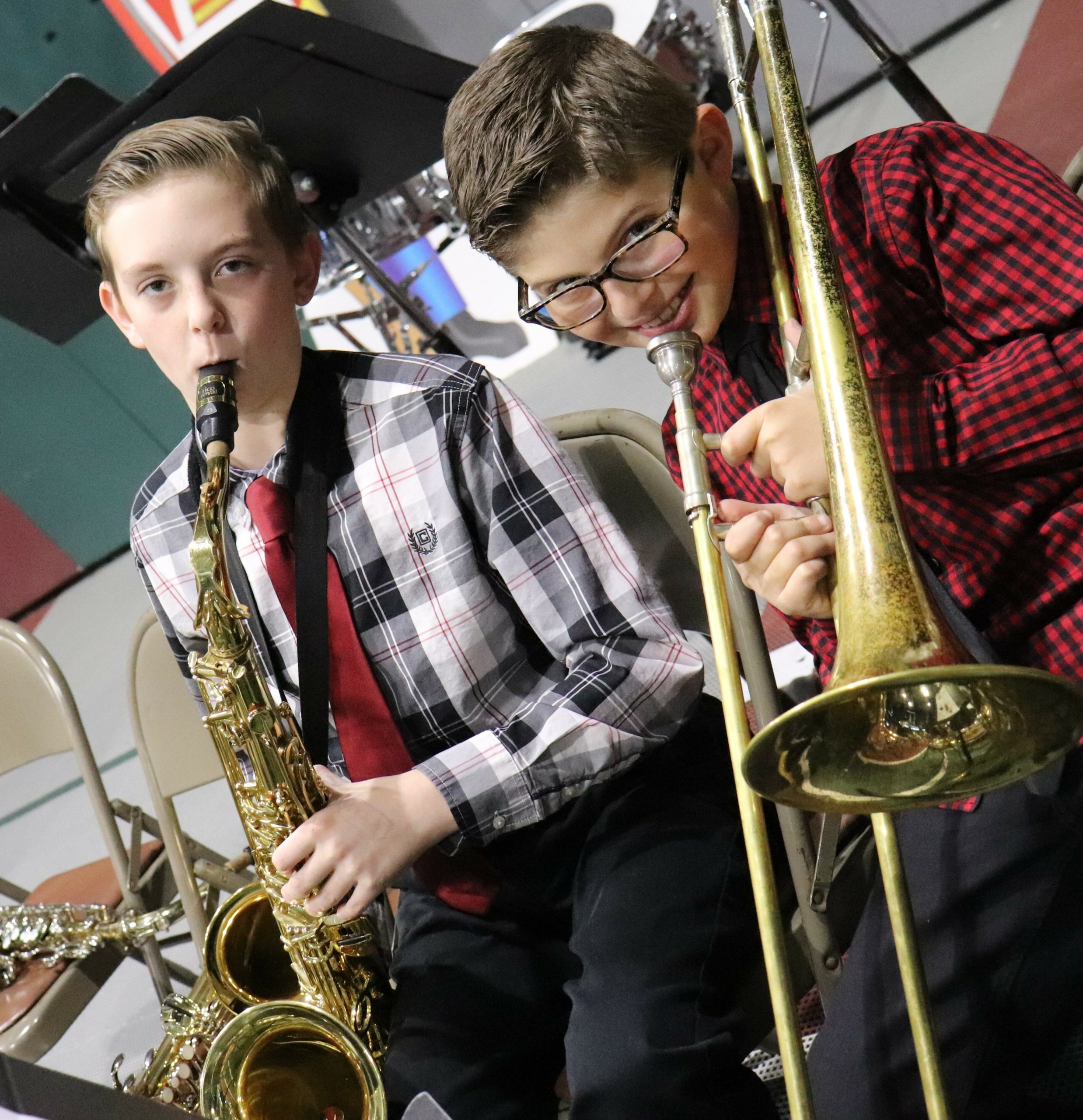 Raynor Country Day School hosted its annual Winter Concert for students in fourth- through sixth-grade. During the event, the senior band, jazz band, senior chorus, the ukulele ensemble and piano soloists performed. Parker Roppelt and George Nikolopoulos warming up for the performance.