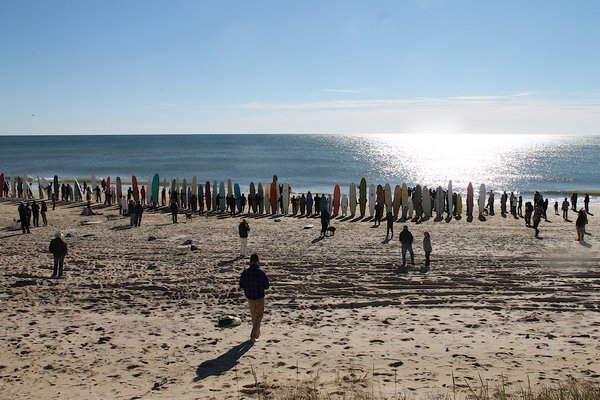 Protesters held a paddle out against the Downtown Montauk Emergency Stabilization Project on Sunday. KYRIL BROMLEY