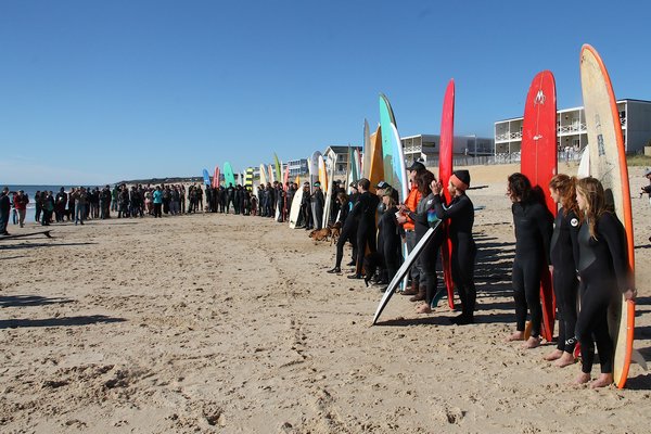 Protesters held a paddle out against the Downtown Montauk Emergency Stabilization Project on Sunday. KYRIL BROMLEY