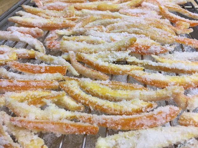 Candied orange and tangerine peel before coating with chocolate. JANEEN SARLIN photos
