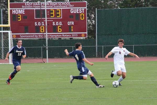 The East Hampton boys soccer team got its first League VI win at home against Bayport/Blue Point on Thursday. KYRIL BROMLEY