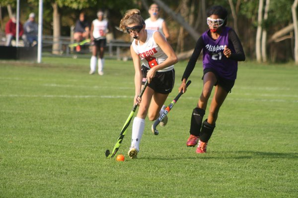Caroline Grount heads to goal in Pierson's win over Greenport. CAILIN RILEY