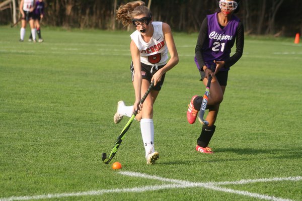 Caroline Grount heads to goal in Pierson's win over Greenport. CAILIN RILEY