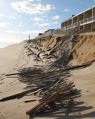 Sandbags were exposed and snow fencing down on the ocean beach in downtown Montauk on Monday. KRYIL BROMLEY