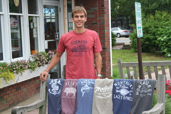 Peter Moore with samples of his Local Knit Montauk tees outside the Bake Shoppe.