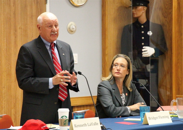 State Senator Kenneth P. LaValle responds to a question during a debate with Southampton Town Councilwoman Bridget Fleming in East Hampton Monday night. KYRIL BROMLEY