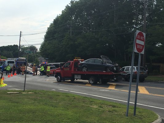 An accident on Montauk Highway in Water Mill had traffic backed up in both directions on Tuesday. DANA SHAW