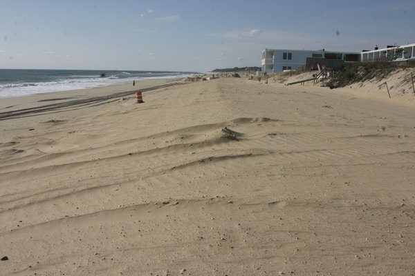 One of the four sections of the Montauk beach stabilization project has been completed. On Tuesday the members of the East Hampton Town Board got their first look at what the new beach and 