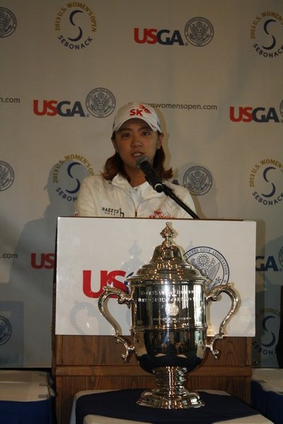 U.S. Women's Open defending champion Na Yeon Choi addresses reporters at the USGA's Media Day at Sebonack on Monday. BY CAILIN RILEY