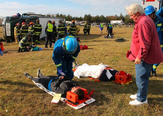 Area fire and rescue departments participated in a mass casualty drill in Amagansett on Sunday.