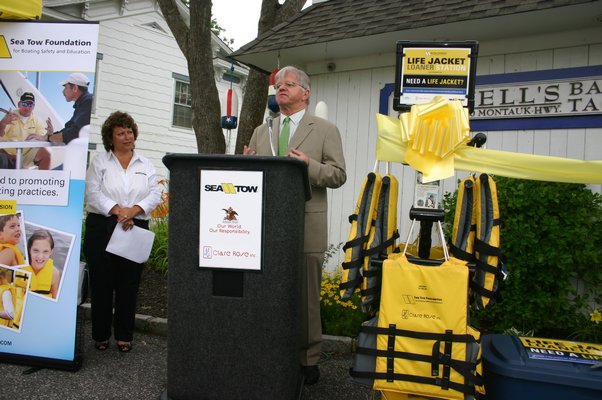  speaks at an even promoting the Sea Tow Life Jacket Loaner Stand in East Quogue. The event took place at Haskell's Bait and Tackle