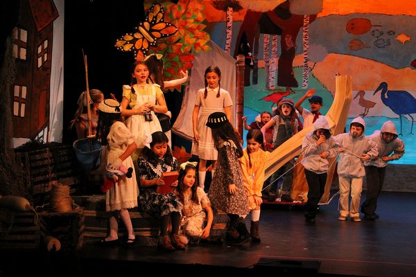 The Springs School 4th grade opera company rehearse “Bound For Gardiners Island” at Guild Hall on Sunday afternoon.