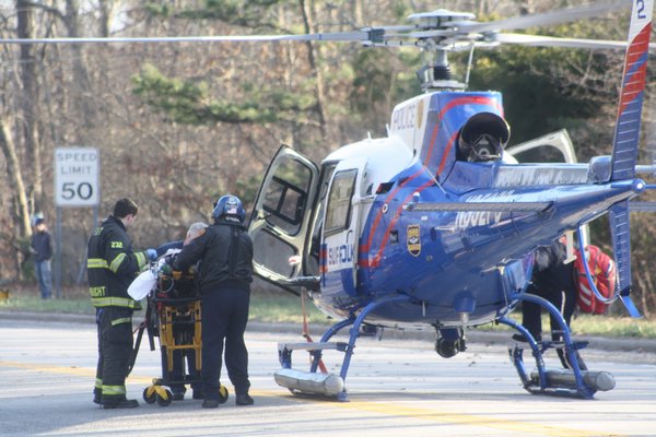 A medevac helicopter landed on Route 104 in East Quogue Tuesday afternoon. CAILIN RILEY