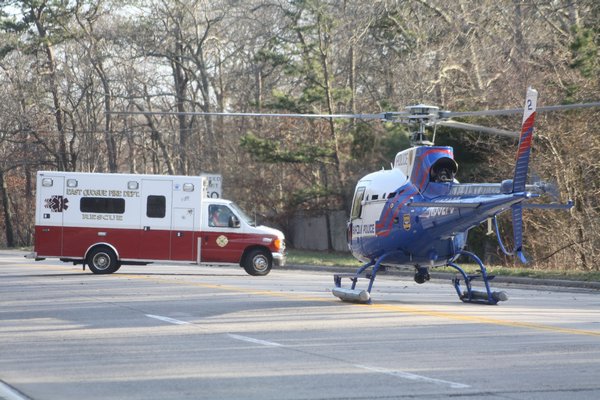 A medevac helicopter landed on Route 104 in East Quogue Tuesday afternoon. CAILIN RILEY