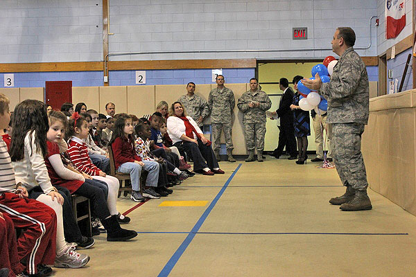 Mission Support Group Commander Nick Broccoli from the 106th Rescue Wing speaks to students at the Remsenburg-Speonk Elementary School. CAROL MORAN