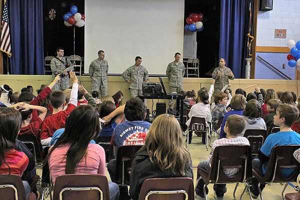 Members of the Air National Guard 106th Rescue Wing  answer students' questions at the Remsenburg-Speonk Elementary School. CAROL MORAN