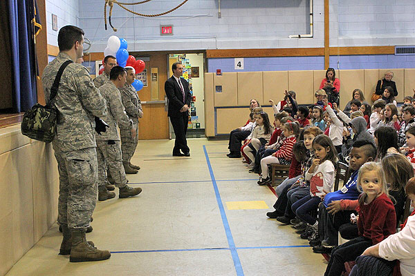 Members of the Air National Guard 106th Rescue Wing answer students' questions at the Remsenburg-Speonk Elementary School. CAROL MORAN